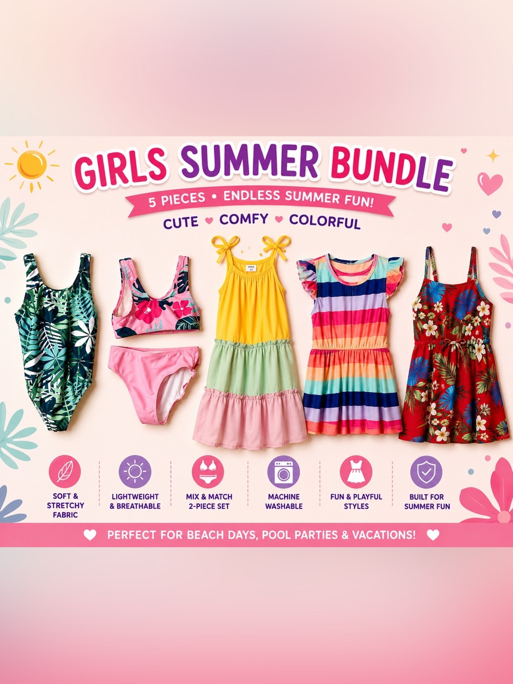 Girls SHEIN set of 3 summer dresses. 6Y. 2 swim suits